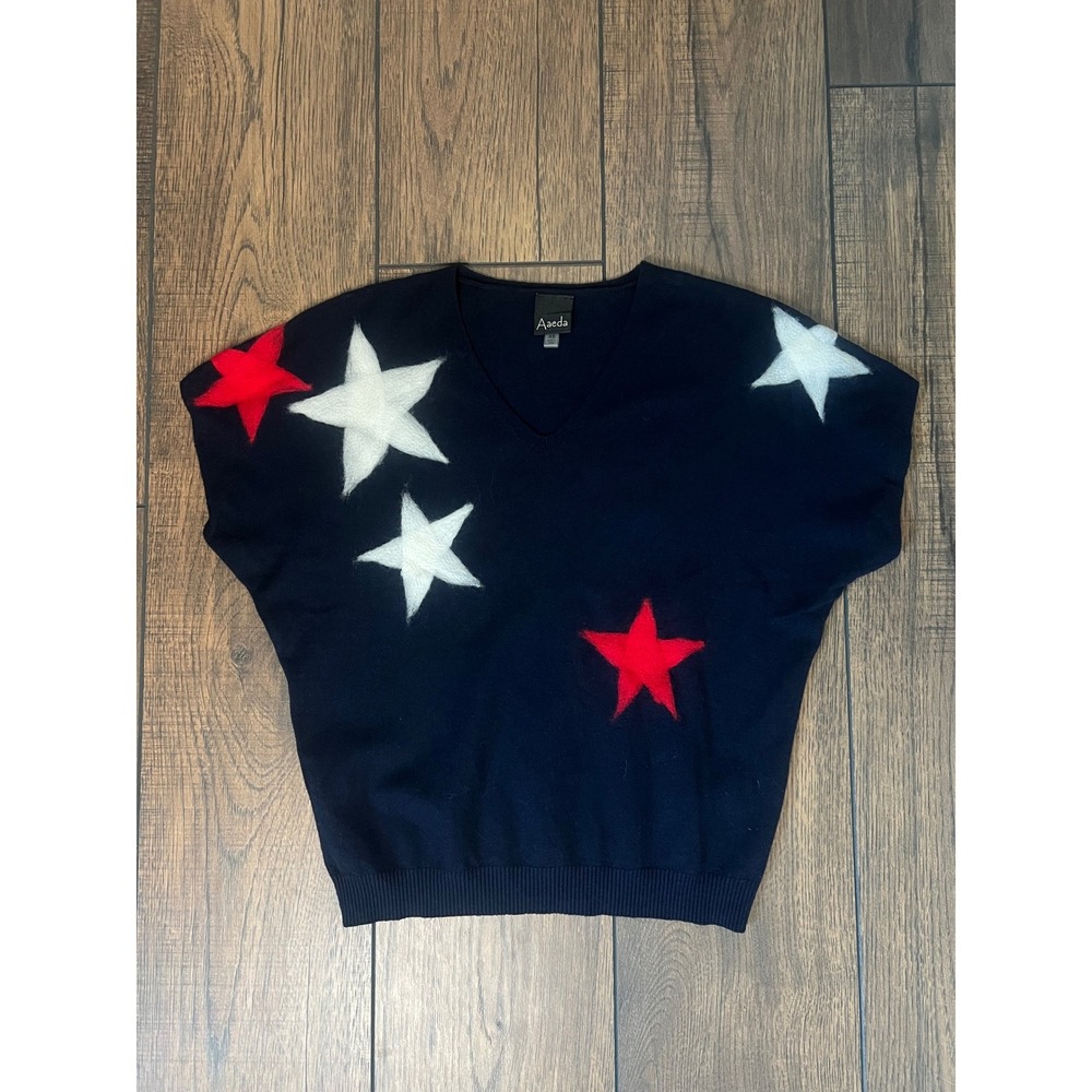 Aaeda Star Top Knit Navy Red White V-Neck Cap Sleeve Patriotic Americana Prep XS